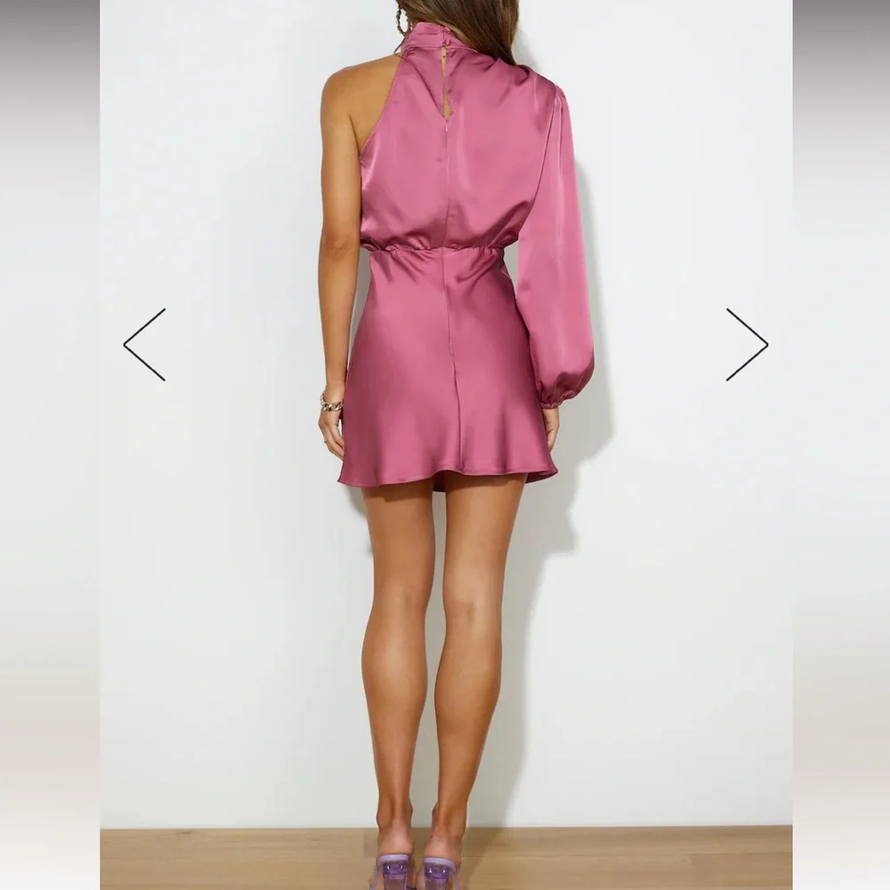 Hello Molly One-Shoulder Satin Mini Dress in Dusty Rose